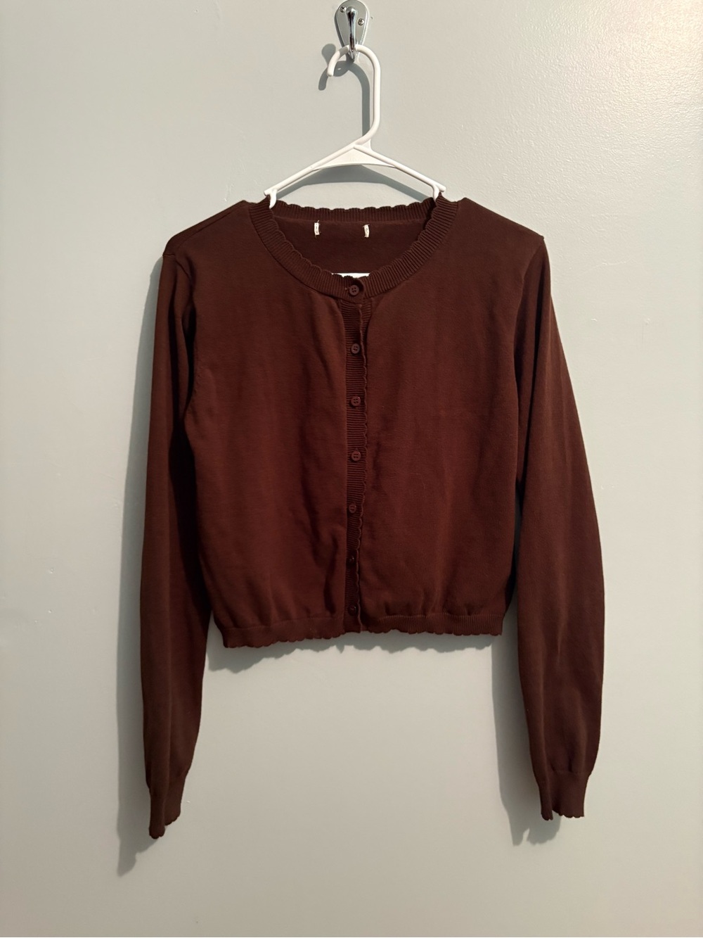 Chocolate Brown Cropped Button-Front Cardigan Scalloped Hem Women’s Size Small - Picture 2 of 8